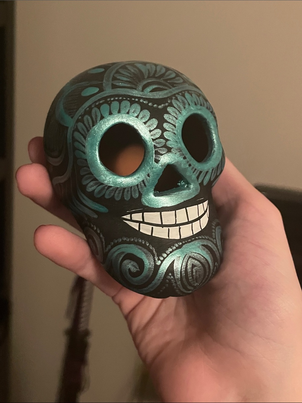 Mexico Hand-Painted Decorative Skull - Black with Teal Accents